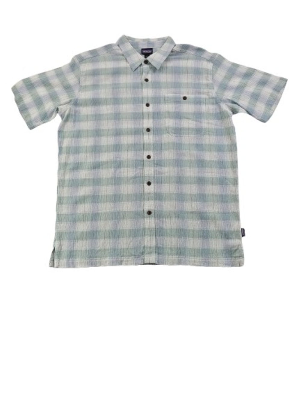 Patagonia Worn Wear A/C Steersman Crinkle Crepe Shirt Mens L Green Plaid Organic